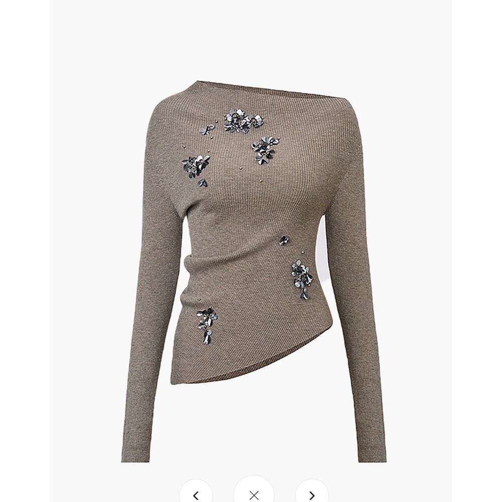Commense Wool-Blend Asymmetrical Sequins Knit Top Sz S